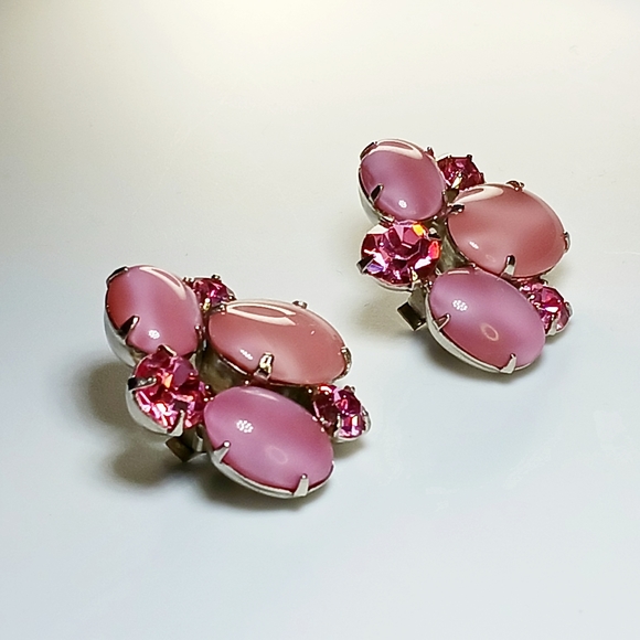 Vintage Set Unsigned Pink Givre Milk Glass Necklace Earrings Bracelet - Picture 5 of 14